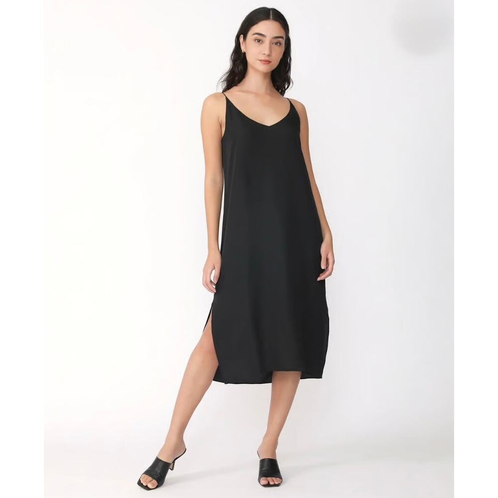 EUC Grana Silk Signature V Slip Dress Size Large Black 100% Silk Midi Slip Bias